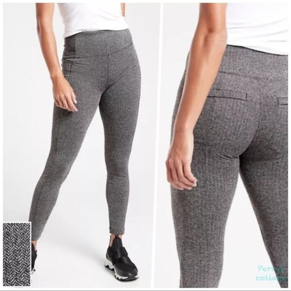 Athleta Delancey Herringbone Tights Leggings in Black / Abalone Grey M